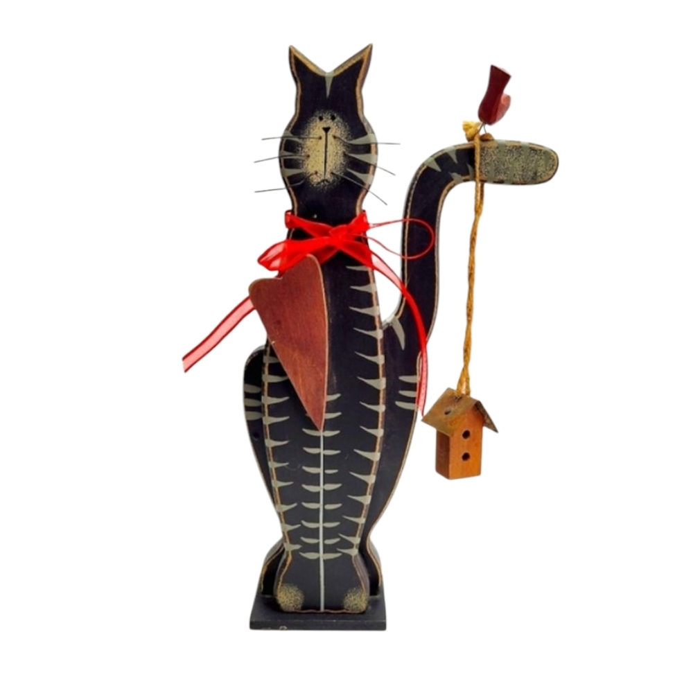 Solid Wood Black Cat With Gray Stripes Wire Whiskers & Tiny Hanging Birdhouse